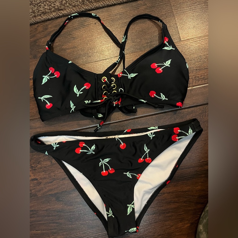 Cherry Print Black Bikini Set